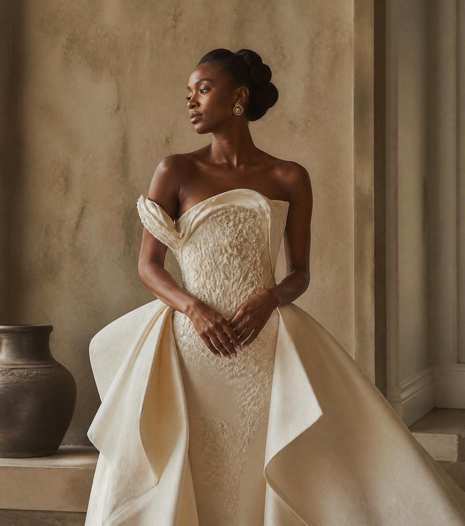 Elegant Nigerian woman in bespoke ivory couture gown